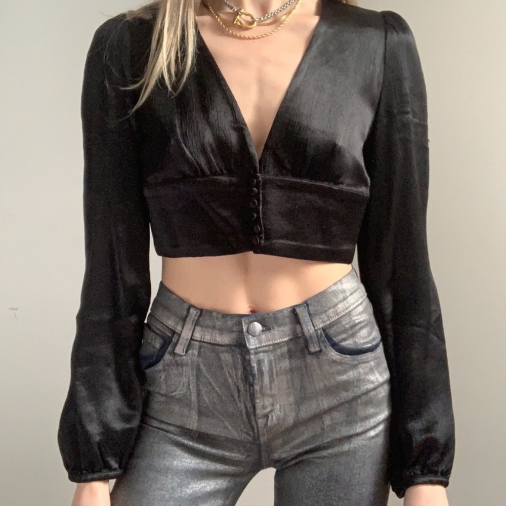 Zara black cropped top blouse satin small